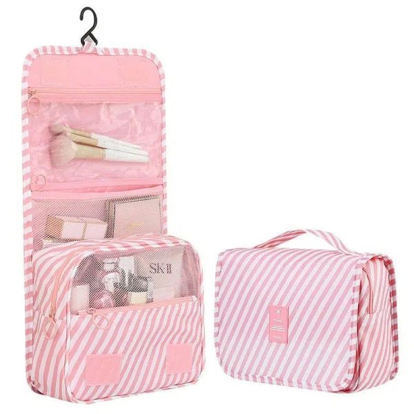 trousse de toilette rose rayures à suspendre femme